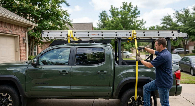 a man securing a ladder to a car roof